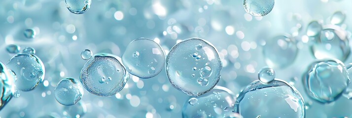 Abstract macro background featuring numerous clear, spherical bubbles floating in a light blue liquid, possibly water or serum, with soft focus and bokeh effects.
