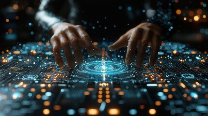 Hands interacting with futuristic interface, digital data visualization, dark background, technology concept