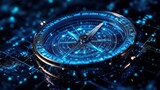 Digital compass navigation, future technology, data flow background, guidance concept, website banner