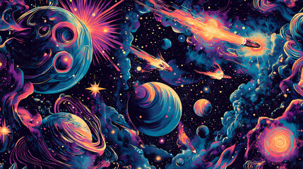 Wall Mural - a vibrant retro-style seamless pattern depicting a deep space observatory with rockets soa past plan