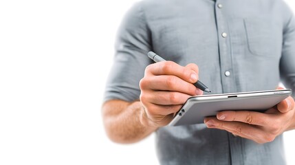 A person using a stylus on a tablet in a well lit studio with a grey shirt and white background
