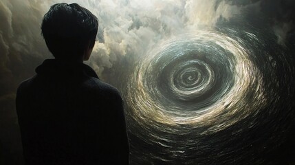 Wall Mural - person gazing in awe at a mesmerizing spiral vortex in the universe with stars and cosmic elements s