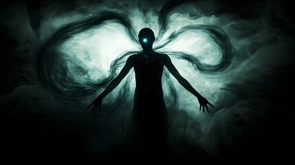 Aufkleber - Backlit silhouette shot of a celestial being emerging from a portal of pure light, galaxies swirling in their eyes. Cinematic interstellar godlike presence