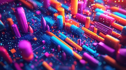 Wall Mural - abstract vibrant 3d city, geometric shapes, digital art, tech background, website banner