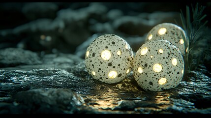 Wall Mural - two beautifully lit eggs set against a dark background creating an intriguing visual with a touch of