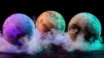 Wall Mural - spectacular night sky displaying three distant planets amidst atmospheric fog creating a stunning co