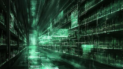 Wall Mural - digital library corridor, futuristic, data flow, background, illustration