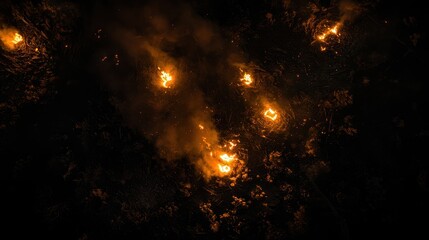 night fire in the forest with fire and smoke.epic aerial photo of a smoking wild flame.a blazing,glo