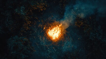 Wall Mural - Night fire in the forest with fire and smoke.Epic aerial photo of a smoking wild flame.A blazing,glowing fire at night.Forest fires.Dry grass is burning. climate change,ecology.Line fire in the dark.