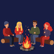 © Cansu - Group of friends sitting around campfire enjoying outdoor leisure activity at night vector illustration