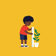 © Cansu - Boy measuring plant height using ruler with green leaves and white pot on yellow background vector illustration