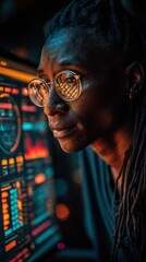 Focused individual on monitor display