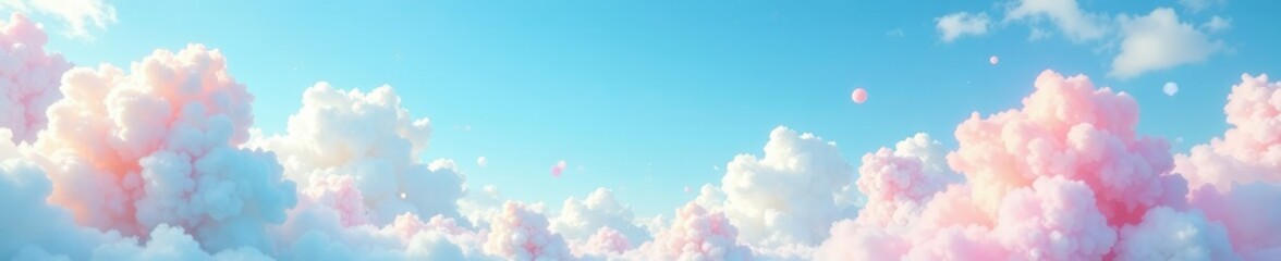 colorful cotton candy tufts in a soft blue sky, fluffy clouds, pastel hues, whimsical shapes