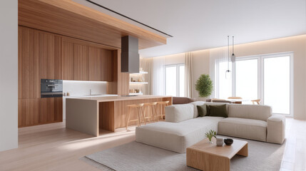 Poster - Modern interior design open kitchen living area wood cabinet island bar stool cozy sofa bright minimal natural light