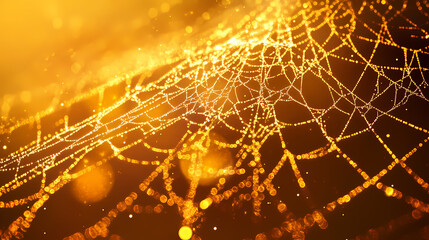 Wall Mural - Ethereal golden spiderweb weave with delicate illuminations for elegant design. Luminous Weft. Illustration
