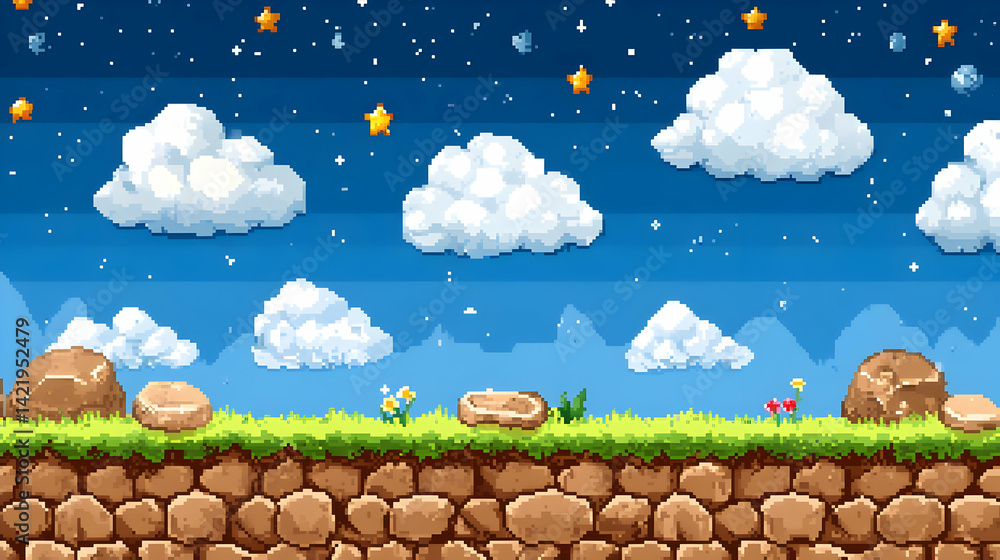 Pixel Art Game Background: Night Sky with Clouds, Grass, and Rocks ...
