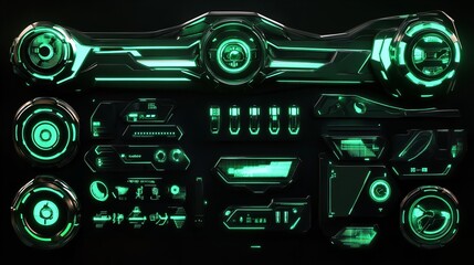 Futuristic interface elements with glowing green accents against a dark background design layout