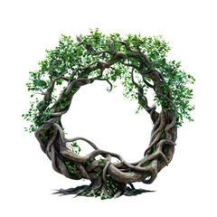 an ancient, intertwined tree forming a mystical circle, symbolizing life's unending cycle and resili