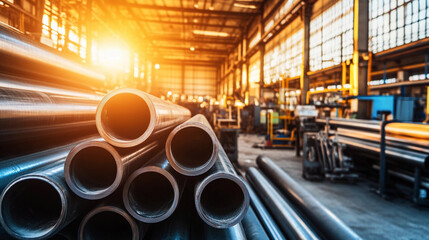 Poster - Industrial workshop displays bright metal pipes in sunlight Generative AI