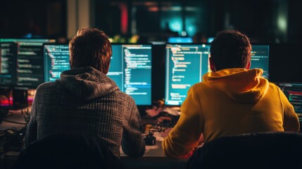 Two programmers working at night with multiple computer screens.