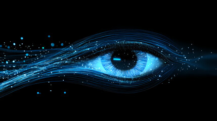 Wall Mural - blue fiber optic cables curving through dark space, emitting soft light, representing digital connec