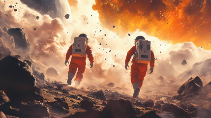 Wall Mural - two astronauts orange suits