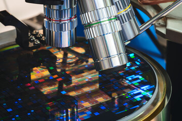 Poster - Microscope stand for microchip production and testing, electronic technology concept background.