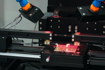 Poster - Microchip production and testing stand, electronic technology concept background.