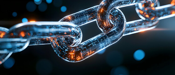 A digital blockchain concept depicting interconnected data security. Ideal for fintech data science and cybersecurity presentations. Showcasing digital connections and data integrity.