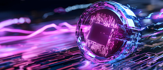 Futuristic digital circuit concept. Represents data flow technology and computing power. Useful for tech-related presentations and abstract digital art.