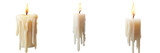 A set of close-up burning white candles with wax dripping down, isolated on a transparent background
