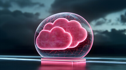 A digital cloud concept inside a protective sphere. Use this in presentations about data storage or cloud computing services for a futuristic appeal.