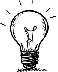 Sketch of a light bulb with radiant lines, black ink drawing. Vector illustration