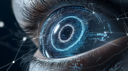 A futuristic eye concept with digital code integrated into the iris. Suggesting advanced technology and data visualization for human augmentation.