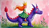 Childlike gouache painting of a princess riding a purple dragon in bright pink and green colors.