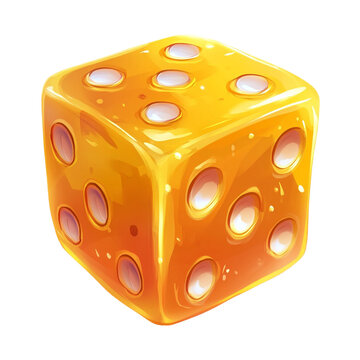 A shiny golden cube game die showing five showing five sides