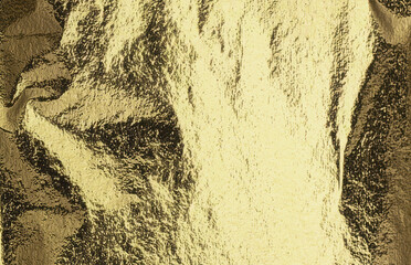Poster - gold foil surface with striking creases and reflective shine. The texture has a soft, draped appearance with high contrast between light and shadow, evoking richness and sophistication..