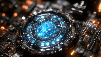 Futuristic digital circuit with glowing blue core. Great for tech concepts science fiction or AI designs. Use it for website backgrounds or modern interfaces.