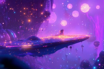 Wall Mural - a ship ventures into a galaxy where the planets and stars are not made of matter but of pure, glowin