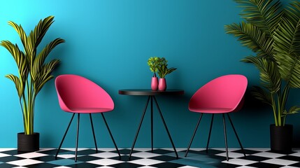 Aufkleber - Blue room with two pink chairs and a table. The chairs are facing each other and the table is in the middle. There are two potted plants in the room, one on the left and one on the right