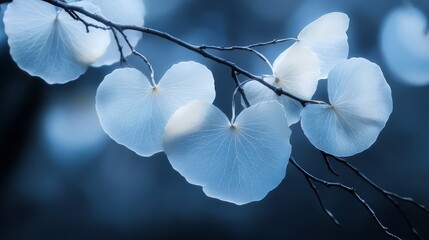 Poster - Branch with a cluster of white flowers. The flowers are arranged in a way that they resemble hearts, creating a sense of beauty and serenity. The blue background adds a calming
