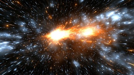 Poster - Bright orange star is surrounded by a cloud of blue and white stars. Concept of motion and energy, as if the viewer is being pulled into the star's orbit