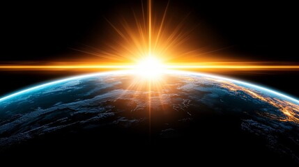 Poster - Bright sun is rising over the horizon, casting a warm glow over the entire planet. Concept of hope and new beginnings, as the sun's rays bring light to the darkness