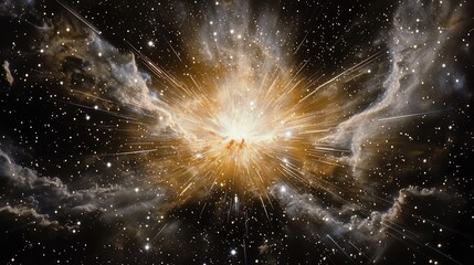 Poster - Bright yellow star surrounded by a cloud of dust and gas. The star is surrounded by a cloud of dust and gas, and it is the brightest point in the sky