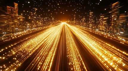 Fototapete - Cityscape with a bright yellow line of light that stretches across the sky. The city is lit up with a warm glow, creating a sense of energy and excitement