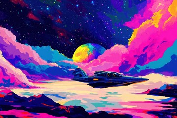 Wall Mural - a spaceship crashes on a planet in a galaxy where the skies are a kaleidoscope of vibrant hues the c