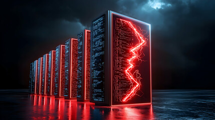 Dramatic server room depiction. Lightning strikes a server rack. Ideal for tech presentations data security marketing or futuristic visuals.