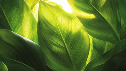 Poster - Close up of a leafy green plant with a bright sun shining on it. Concept of growth and vitality, as the leafy green plant thrives under the warm sunlight