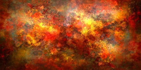 Poster - Colorful abstract painting with a lot of red and yellow. The painting has a lot of texture and he is a mix of different colors