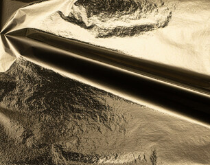 Fototapete - Gold metallic foil texture with a crumpled, folded surface. Shiny, glossy finish with light reflections and dramatic shadow. Elegant, premium material with a rich gleam and shimmer. Bold, stylish.